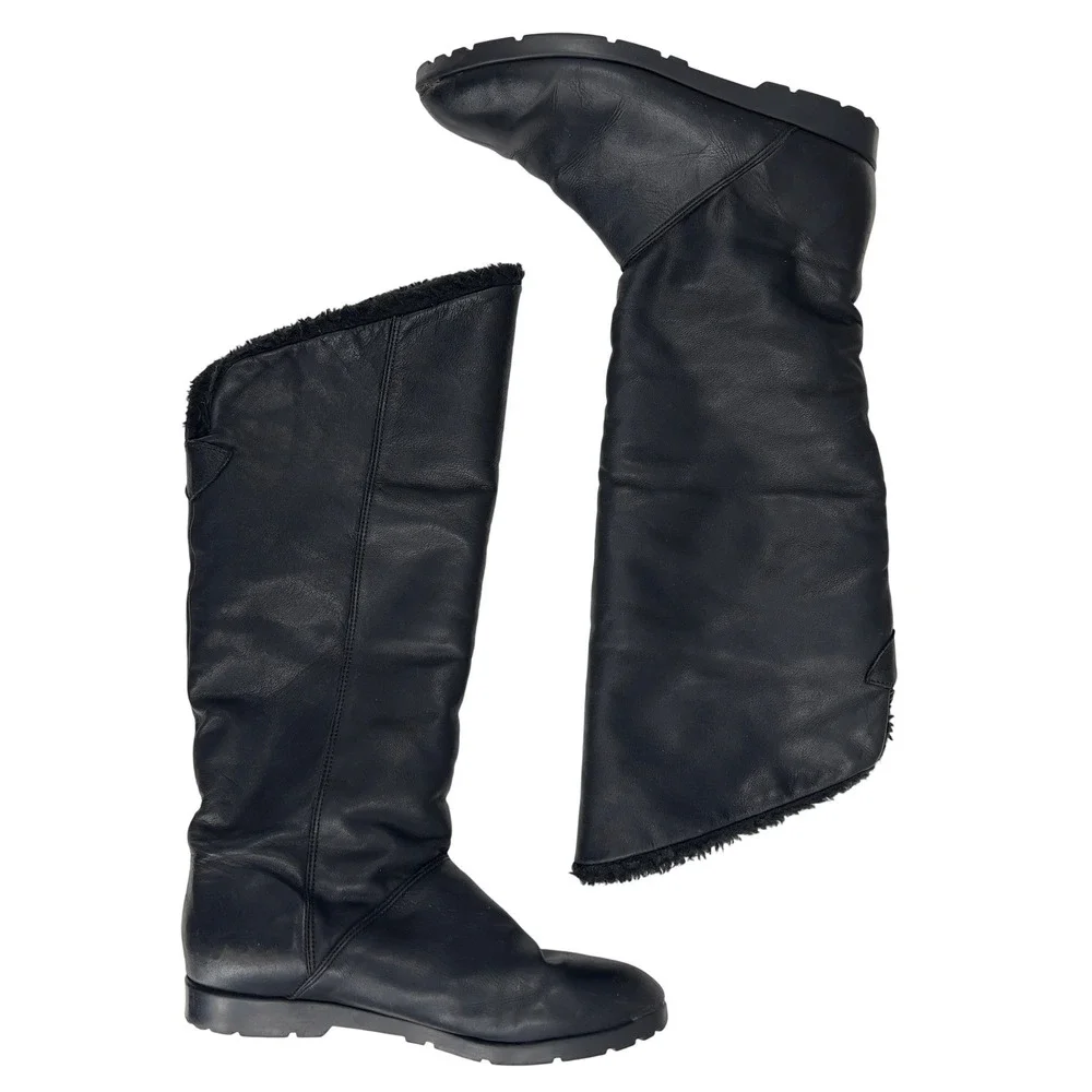 Vintage Cougar Black Leather Knee High Winter Boots Fur Lined Size 9.5 Cozy Chic